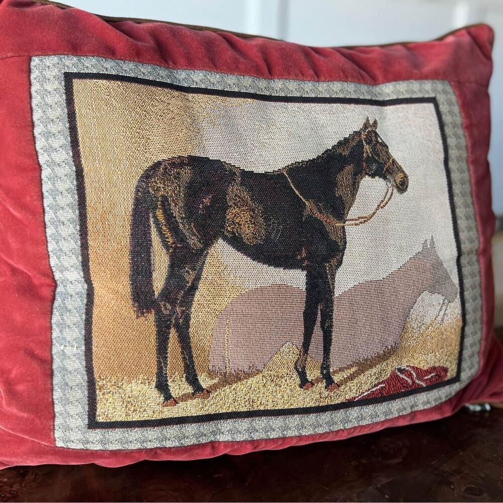 Vintage Velvet Tapestry Equestrian Pillow Leather Grandmillennial Academia Moody